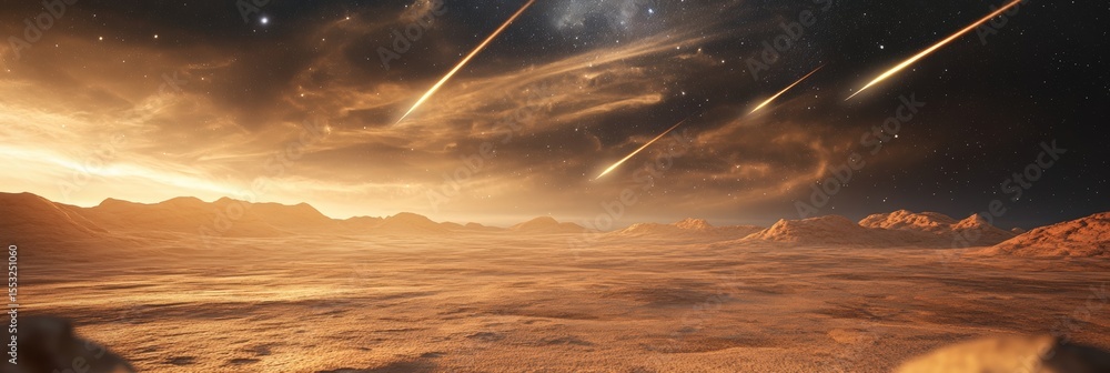 Aufkleber Bright meteorites falling from the sky on a red desert planet surface with mountains and stars in the background, creating a breathtaking cosmic event