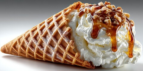 Delicious ice cream cone topped with whipped cream and caramel drizzle ready to enjoy on a warm day