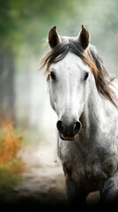 Fototapeta premium Majestic white horse galloping through a misty forest at dawn captures the essence of freedom and beauty in nature