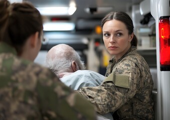 Fototapeta premium A woman in a military uniform is holding a man in a hospital bed