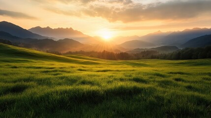 A breathtaking landscape showcasing a vibrant sunset over rolling mountains, casting golden rays of light that illuminate the lush green fields below, evoking feelings of peace.