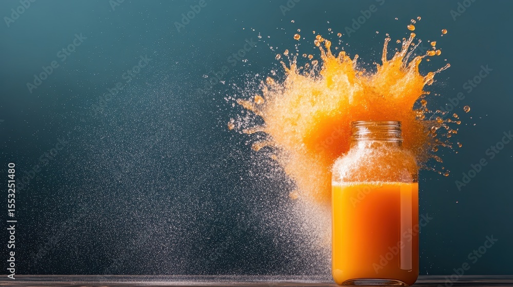Poster a dynamic image capturing a glass jar filled with orange juice, exploding with vibrant liquid splash