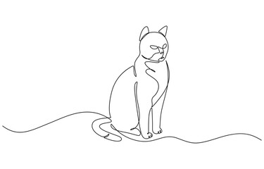 One continuous line drawing of cat sitting. Pet animal silhouette in simple minimal linear outline, Stock illustration, continuous line drawing of Cat. one line cat shape with pro.