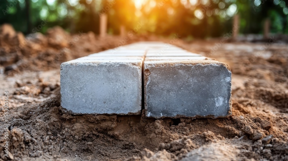 Poster a close-up shot of lined concrete bricks at a construction site, illustrating the building process a