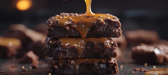 A stack of chocolate brownies with a drizzle of caramel