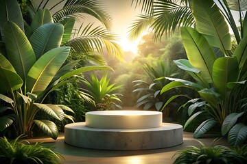 Obraz premium A twotiered display platform in a lush tropical setting