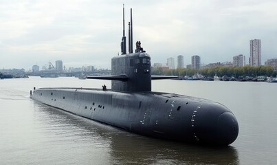 A large submarine is floating in the water near a city