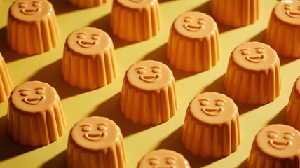 Smiling orange jelly desserts on yellow background