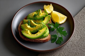 Avocado Slices on Toast Served with Fresh Lemon on a Dark Plate