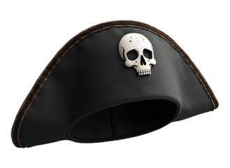 Classic black pirate hat with distinct white skull emblem. Ready for adventure