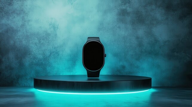 A sleek black smartwatch sits prominently on a futuristic pedestal, highlighting modern technology and minimalistic design against a cool-toned background, symbolizing innovation in wearables.