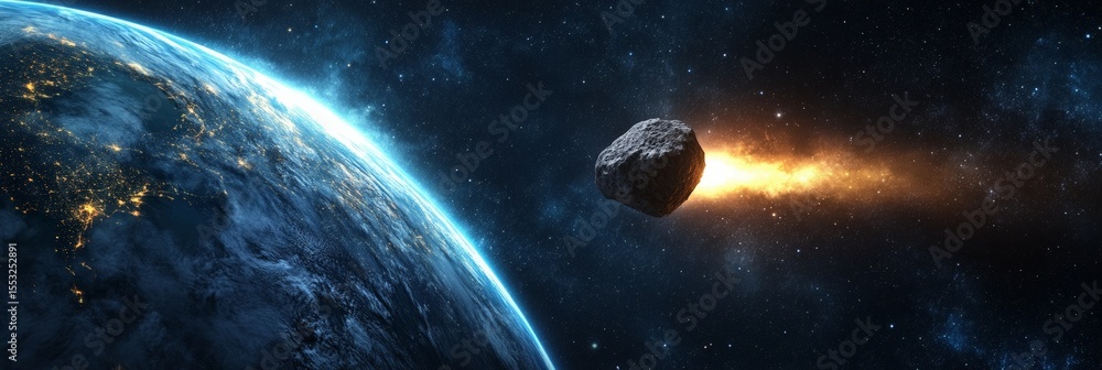 Poster large meteorite entering earth's atmosphere, causing a fiery trail of destruction and potentially ca