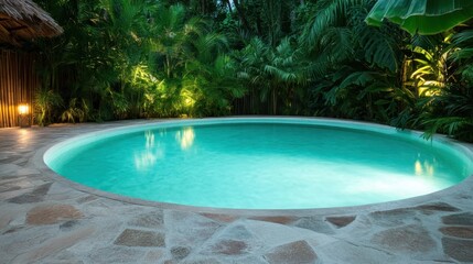 A serene swimming pool nestled amidst tropical foliage, illuminated by soft lighting, creating a peaceful retreat perfect for relaxation and unwinding in nature at night.