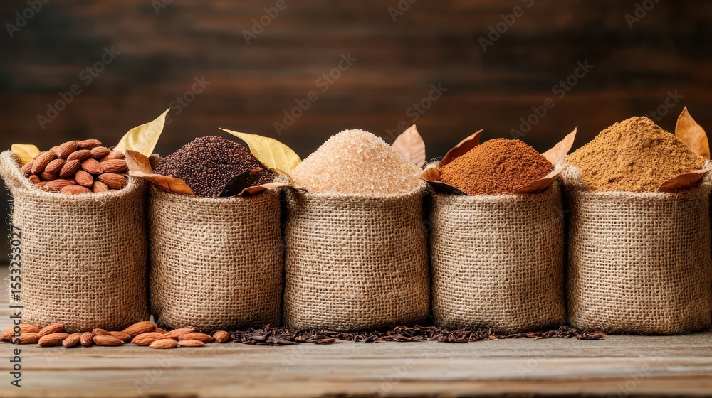 Aufkleber an array of colorful spices displayed in rustic burlap bags, representing a rich diversity of flavor