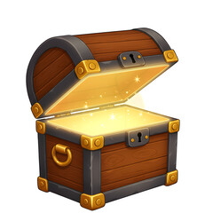 3D Render of Radiant Wooden Treasure Chest Opened with Sparkling Golden Light Inside, Isolated on White or Transparent Background