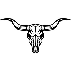 Longhorn bull skull with wide horns, bold black and white vector illustration, western vintage tattoo style line art