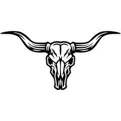 Longhorn bull skull with wide horns, bold black and white vector illustration, western vintage tattoo style line art