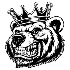 Fierce bear head wearing royal crown, black and white vector line art illustration
