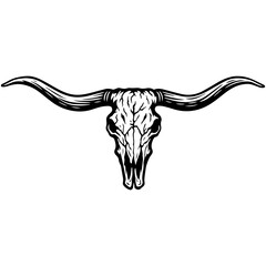 Highly detailed longhorn skull with textured bone and curved horns, black and white vintage vector illustration for western design