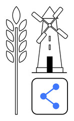Wheat stalk beside windmill structure and network node symbol. Ideal for agriculture, sustainability, clean energy, innovation, technology, rural development, simple landing page