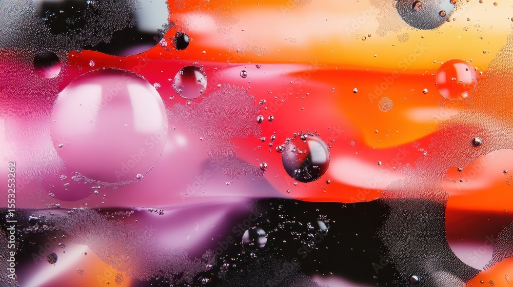 Poster a vibrant abstract image illustrating colorful liquids with bubbles and textures, evoking a sense of