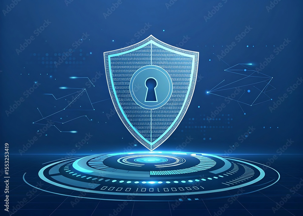 Poster futuristic cyber security shield with keyhole digital protection and data encryption concept illustr