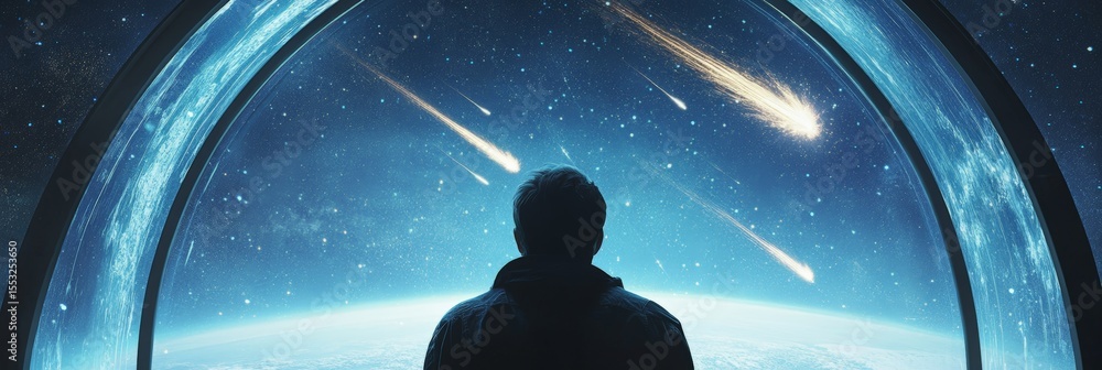 Aufkleber Astronaut gazes at a breathtaking meteor shower from the window of a spaceship, witnessing a cosmic spectacle of fiery trails against a backdrop of stars and a partially visible earth