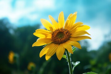 Obraz premium close-up of vibrant yellow sunflower with morning dew drops against a blurred natural green and blue sky background conveying freshness and vitality