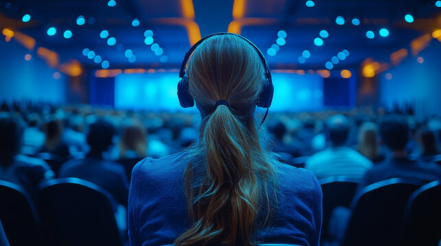 Woman with headphones listens at conference in large hall with audience - Powered by Adobe