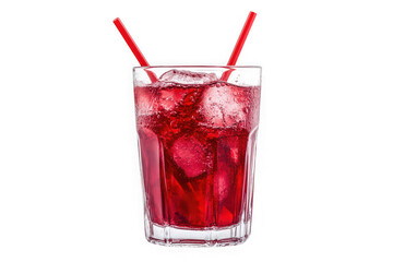 Refreshing red cocktail drink with ice cubes and straws in a glass cup png image isolated on transparent background