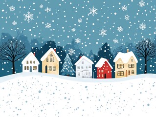 Vector Snow Village Illustration with Small Houses, Trees and Falling Snowflakes on Flat Background, Blue Red White Gray Yellow Color Scheme, Whimsical Digital Art Style