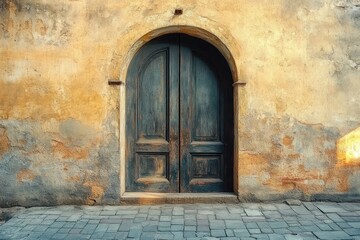 Old weathered wooden double door with arched top set in a textured, aged stucco wall above a stone-paved courtyard with sunlight casting soft shadows
