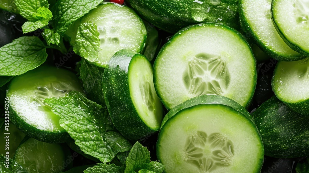 Poster this vibrant display of fresh sliced cucumbers adorned with mint leaves offers a refreshing and appe