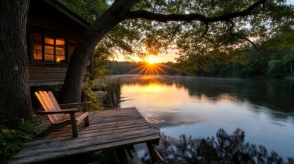 A picturesque sunset casts golden rays over a tranquil river as a wooden dock with a rustic chair invites reflection and connection with nature's beauty and serenity.