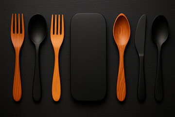 Elegant Wooden and Black Cutlery Set with Minimalist Plate on Dark Background