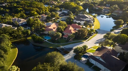 Luxurious waterfront homes aerial view estate