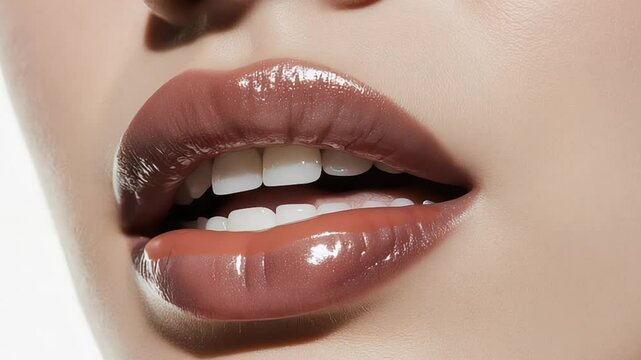 Close-up of glossy lips with lip gloss application for beauty