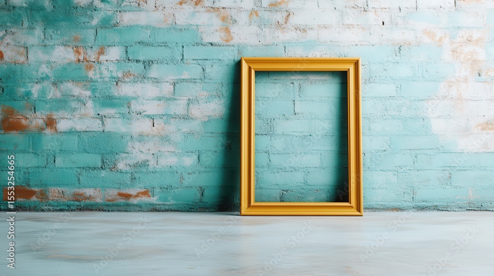 Poster an empty gold frame is set against a rustic blue wall, creating a striking contrast that invites cre