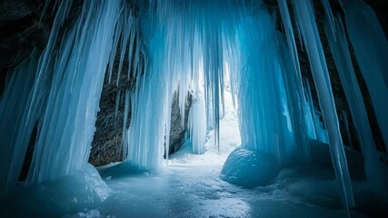 Looking out from the entrance of a magical blue ice cave framed by long icicles. Frozen winter wonderland in a glacier, a concept for adventure and discovery.
- Powered by Adobe