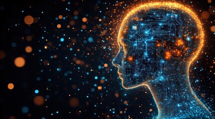 Glowing digital humanoid head composed of intricate electric circuits surrounded by floating light particles conveying advanced artificial intelligence and futuristic technology