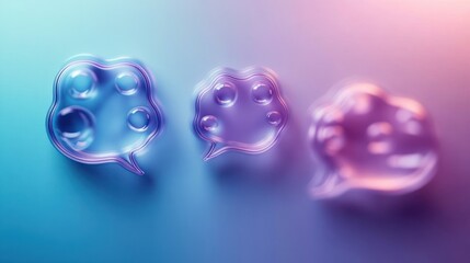 Three translucent speech bubbles with paw print shapes inside glowing softly against a gradient blue and pink background