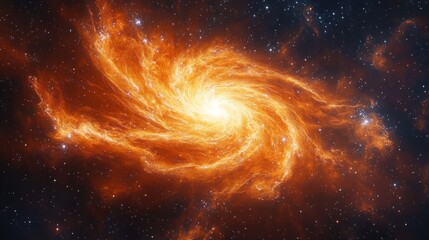 Glowing orange spiral galaxy with radiant bright core surrounded by distant stars in deep space