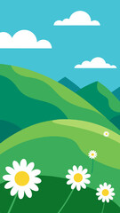 Fototapeta premium Stylized green rolling hills with white daisies under a blue sky with clouds