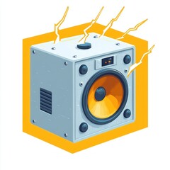 A gray speaker box emitting sound waves or electric energy depicted as yellow lightning bolts on a bright yellow background, conveying dynamic audio power
