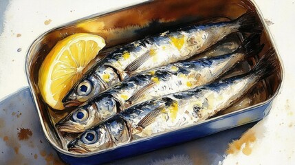 three shiny cooked sardines in an open tin container with a lemon wedge on a white surface showing realistic texture and light reflections