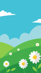 Fototapeta premium Charming cartoon illustration of a bright spring landscape with rolling green hills and daisies