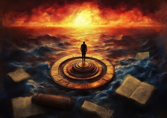 Silhouette of a person standing on circular stone platform surrounded by turbulent ocean waves with floating open books and scrolls beneath a fiery sunset sky