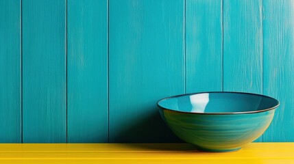 A striking turquoise bowl placed upon a vibrant yellow surface, highlighting a colorful contrast that adds a playful and modern touch to tabletop decor and design aesthetics.