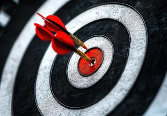 Close-up of two red darts hitting the bullseye on a textured black and white dartboard, symbolizing precision and success
