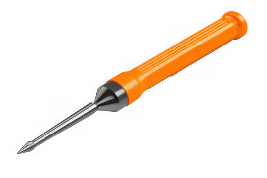 Orange automatic center punch tool, metal marking hand tool for wood, steel, and plastic, spring loaded, high impact isolated on transparent background - Powered by Adobe